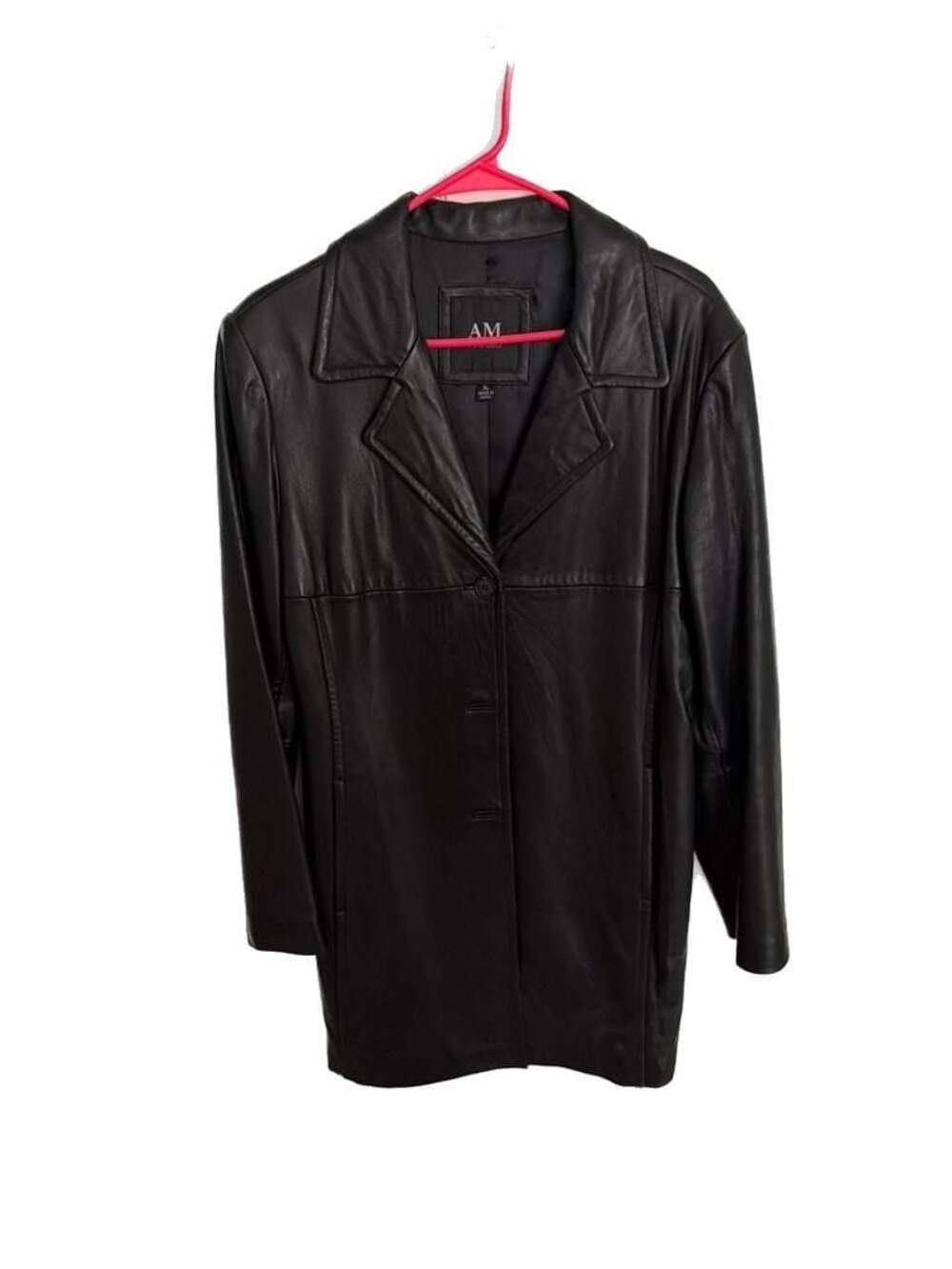AM Studio Black Leather Mid-Length Button-Up Jacket Coat Size XL